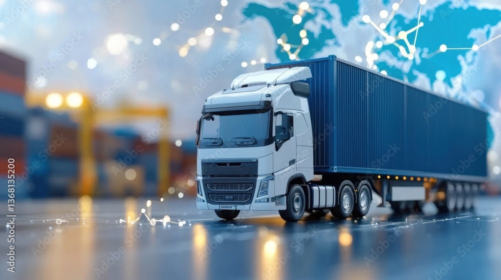 Poster animated world map logistics banner with cargo routes visualization. global transportation and distr