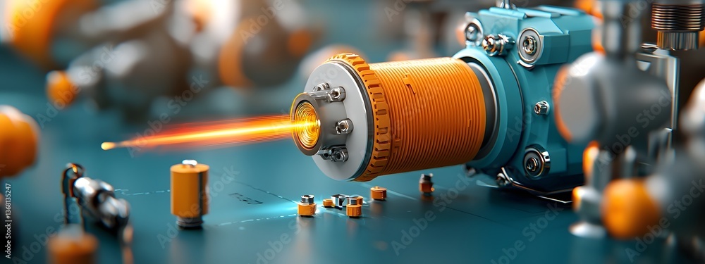 Poster powerful light beams intensifying through an optical amplifier with gleaming metallic components and