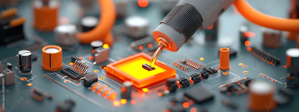 Poster propagating light wave passing through an advanced optical amplifier device with glowing fiber optic