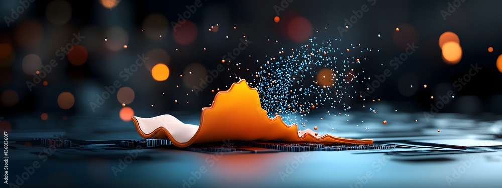 Poster pulsating digital waves flowing and pulsing across a sleek metallic backdrop symbolizing the unstopp