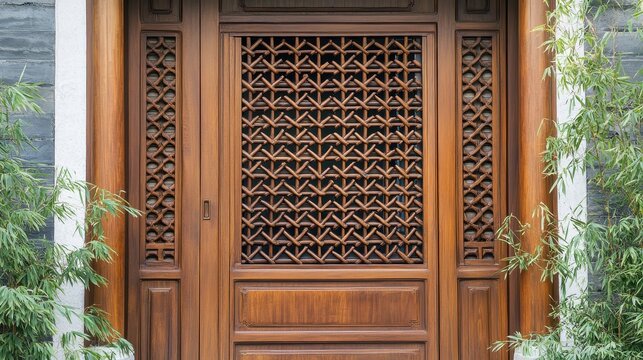 Intricate Wooden Door Design with Bamboo Surroundings - Powered by Adobe