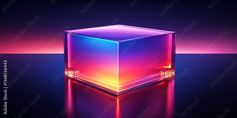 Poster illuminated cube with vibrant gradient colors on dark reflective surface
