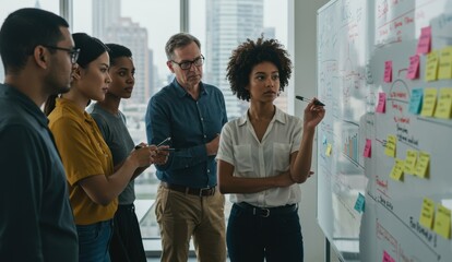 Black woman leading brainstorming session with multicultural team in urban office discussing project planning concepts.