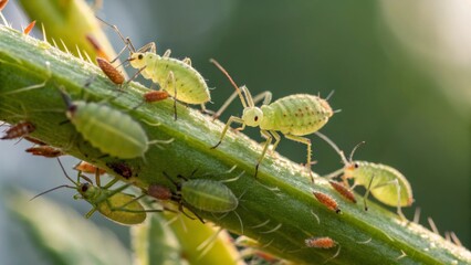 Cluster of green aphids with active mood feeding on plant stem in natural light against blurred green background in macro photography