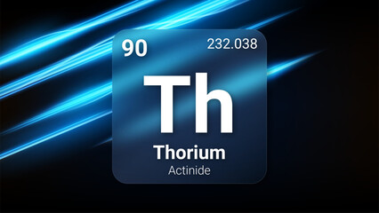 Thorium (Th) (090) Actinide, Glass Morphism Element Futuristic Neon Light Glow Background Periodic Table, Chemical Symbol, Name, Atomic Mass, Atomic Number, Vector Illustration