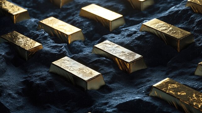 A collection of white gold bars positioned artistically on a textured midnight blue backdrop.