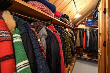 Obraz premium Well-organized wardrobe displaying summer and winter clothing in a cozy attic space with wooden accents