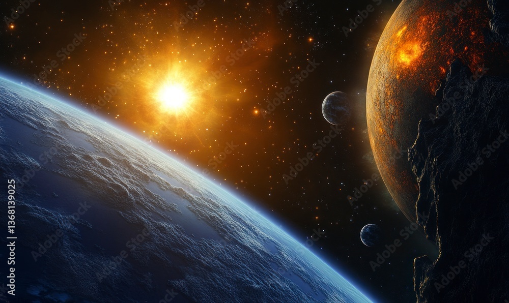Poster exploring distant worlds space scene with planets and shining star