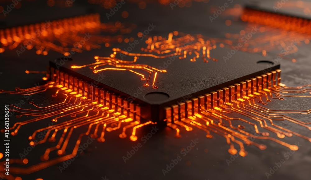 Poster close-up of glowing microchip with orange circuit details emphasizing technology and innovation.