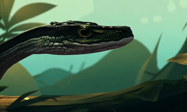 Illustration Close Up of Green Snake Head with Detailed Scales