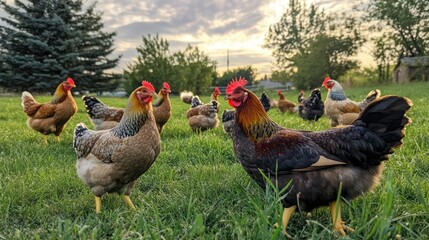 Fototapeta premium Free-range chickens foraging in a vibrant farm field at sunset nature photography rural landscape
