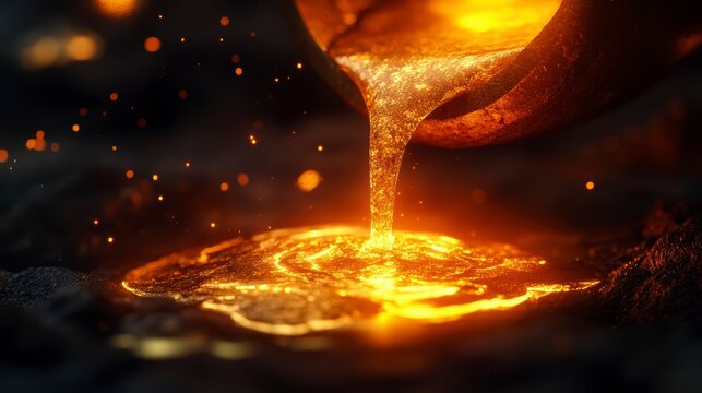 Molten metal pouring into a mold, sparks flying.
