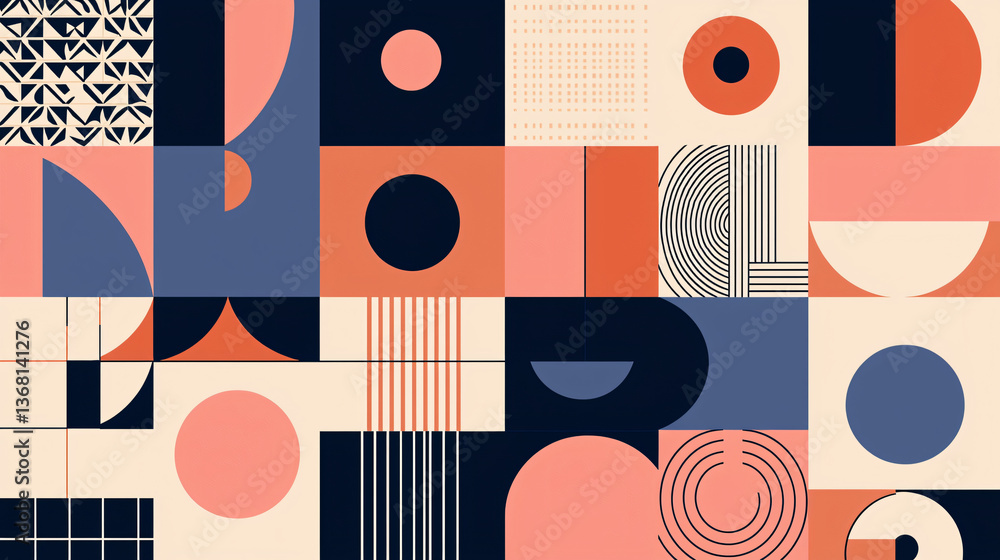 Poster a captivating pattern with geometric shapes in a colorful arrangement that creates a dynamic and eng