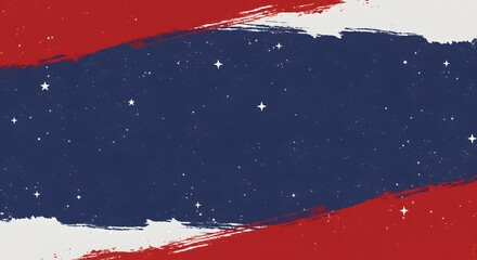 A modern, minimalist background with red, white, and blue abstract brushstrokes and subtle stars