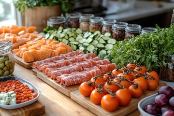 Fototapeta premium Catering service preparing delicious food for buffet table, variety of dishes and snacks for guests at event