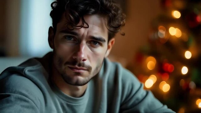 Crying unhappy sad young man alone at Christmas