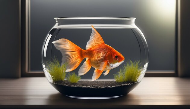 a bright orange goldfish swimming in a small glass aquarium symbolizing outgrown habitat and providing a serene minimalist aesthetic with a focus on clarity