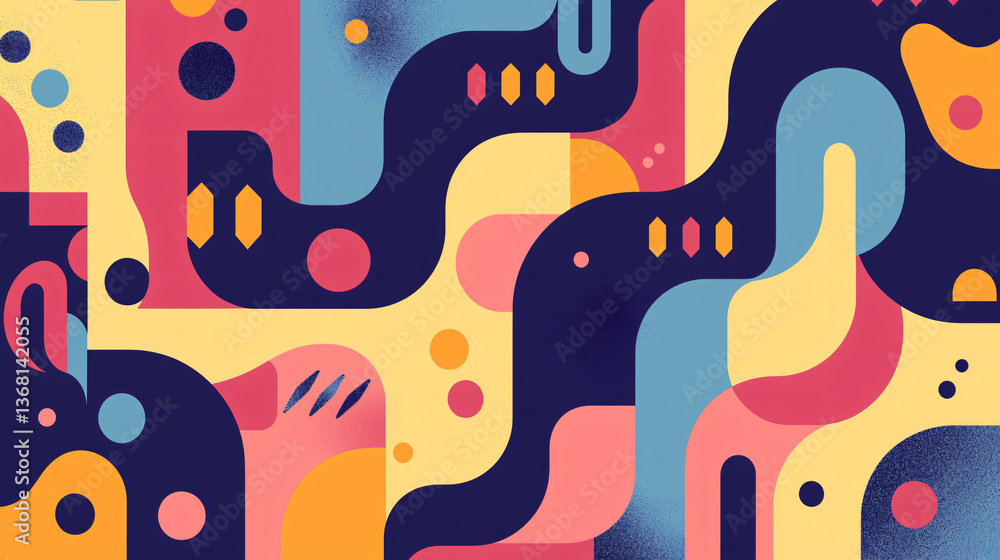 Poster a bright and colorful pattern featuring dynamic geometric shapes arranged in a rhythmic manner to cr