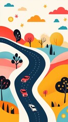 Colorful Cartoon Road Trip Through Autumn Hills