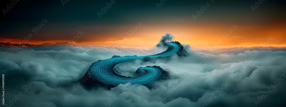 Poster swirling azure digital tendrils snaking across a monochromatic terrain embodying the transformative 