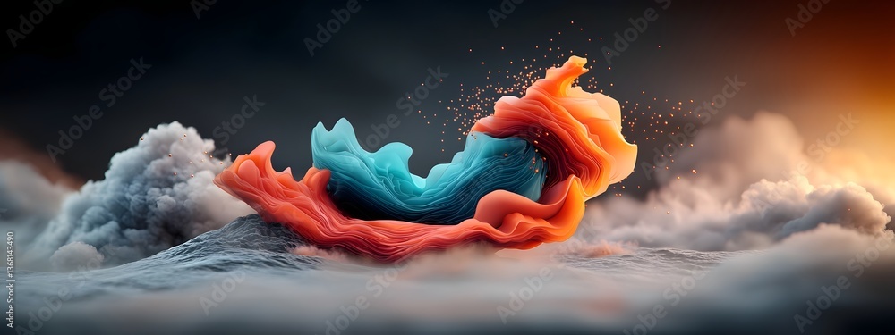 Poster transformative data flow swirling azure digital tendrils snaking across a monochromatic terrain embo