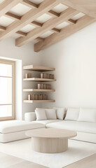 Fototapeta premium Minimalist living room with wooden beams, white sofa, and circular coffee table