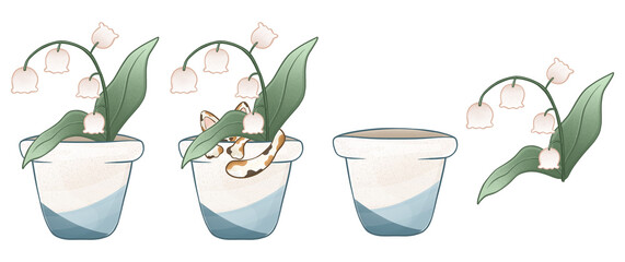 Collection with flowers in ceramic pot and little cute cat, white background, colorful illustration