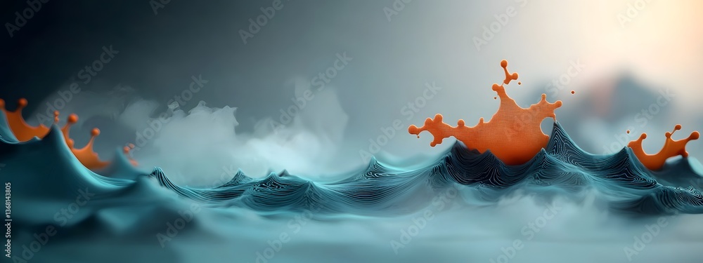 Poster undulating azure digital currents rippling through a chiaroscuro landscape symbolizing the perpetual