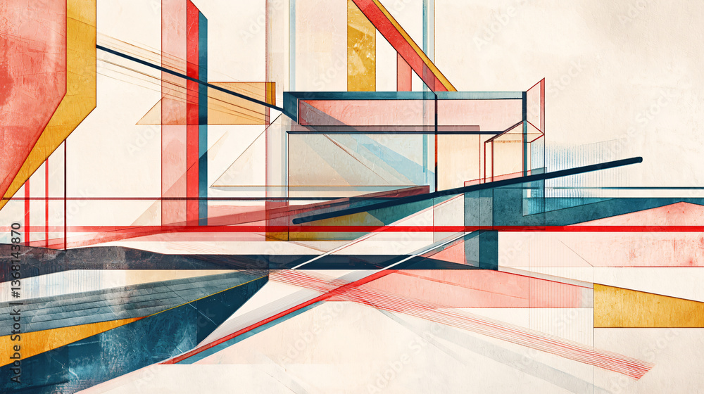 Poster bold painting featuring a dynamic red, blue, and yellow design with angular lines and flowing curves