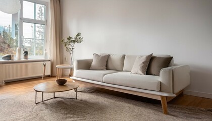 a sparse living area with a single sofa and a small coffee table concept of minimalist comfort