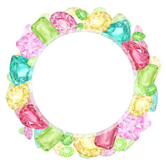Hand drawn watercolor gemstones wreath frame border isolated on white background. Can be used for cards, scrapbook and other printed products.