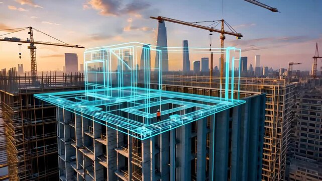 Augmented reality blueprint overlay on high-rise building under construction site
