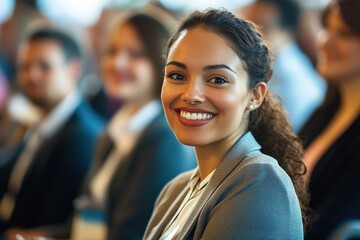 Diverse crowd at a business conference with a smiling professional woman in the foreground