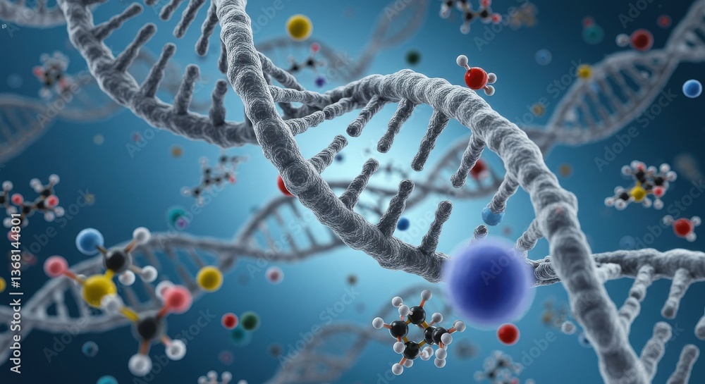 Poster a dna double helix structure with molecules and atoms floating in a blue gradient background design