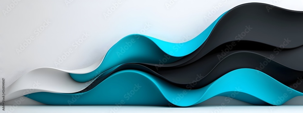 Poster vibrant azure digital ripples and currents surging and receding across a sleek black and white geome