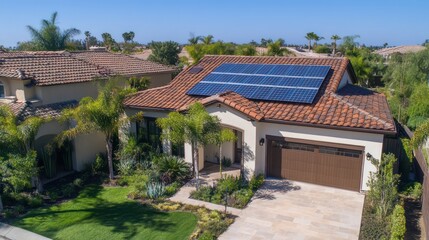 Fototapeta premium Solar energy installation residential area home exterior eco-friendly environment aerial view sustainable living