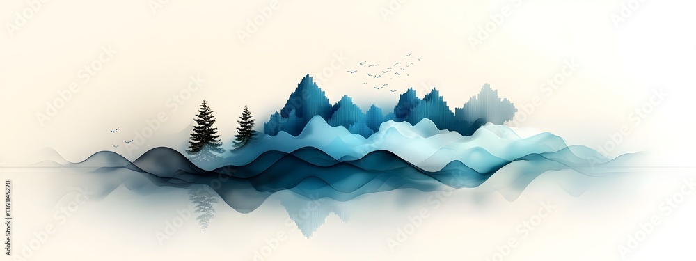 Poster vibrant blue digital pulses rippling through a monochrome landscape visually representing the comple