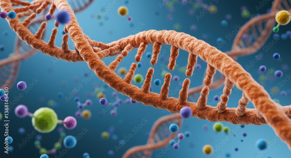 Poster a detailed rendering of a dna double helix structure with colorful molecules and a blue gradient bac