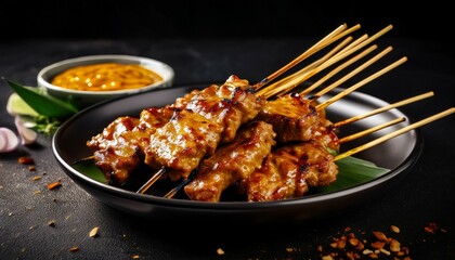 Fototapeta premium succulent pork satay skewers gleam against a stark black backdrop