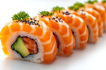 Uramaki sushi rolls with salmon, avocado, rice and black sesame seeds, garnished with fresh parsley, on a white background