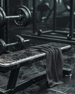 Gritty interior shows weight bench with towel resting near racks loaded with weights in the gym
