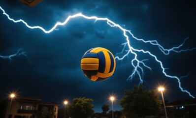 Volleyball soaring under dramatic lightning storm