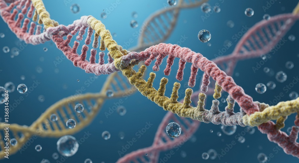Poster a double helix structure with bubbles floating around it against a blue gradient background design e