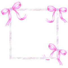 Hand drawn watercolor pink bow with gemstones frame border isolated on white background. Can be used for cards, album scrapbook and other printed products.
