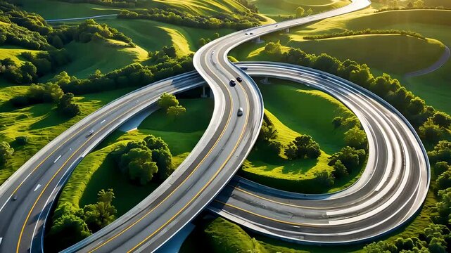 Aerial top view of cloverleaf highway interchange surrounded by green landscape
