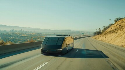 Modern electric bus traveling on highway with cityscape view, showcasing sustainable transportation and futuristic design.