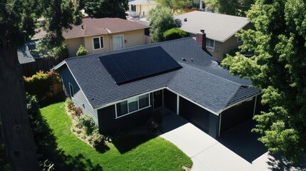 Solar panel installation on residential home suburban neighborhood aerial view sustainable energy concept