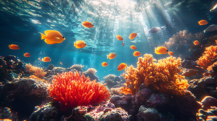 Fototapeta premium Sunlight filters through tropical waters, illuminating orange fish swimming near a vibrant coral reef