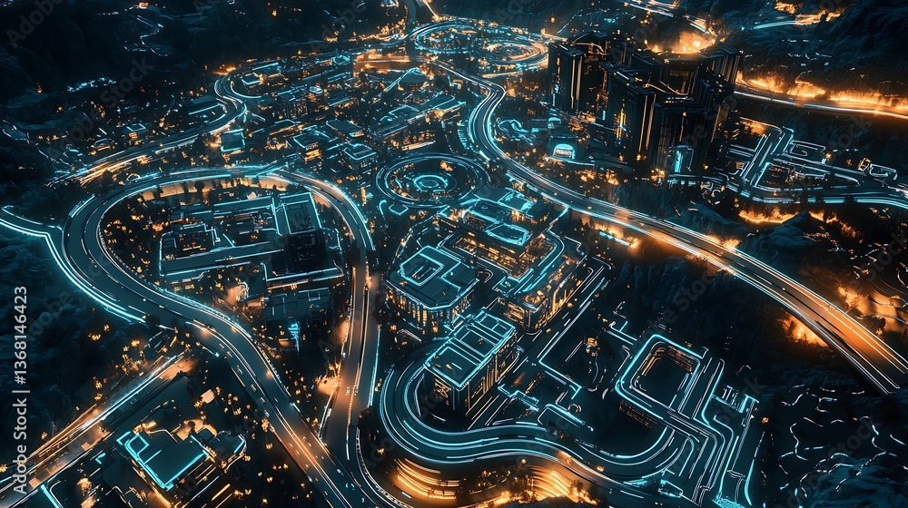 Poster a birda??s-eye view of a futuristic circuit-themed city, where glowing lines trace every building an