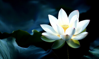 Spiritual Blooming Lotus Flower Emerging from Darkness Background